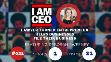 A promotional image for the "I AM CEO" podcast featuring Deborah Sweeney, Episode 21 of Season 1, highlighting her transition from lawyer to entrepreneur assisting businesses with filings.