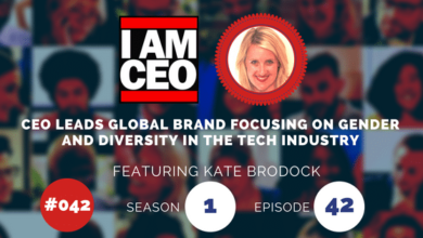 Image of a podcast episode titled "I Am CEO" featuring Kate Brodock discussing gender and diversity in the tech industry. The episode is season 1, number 42.