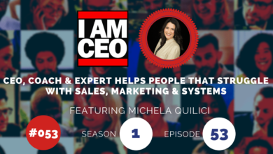 Podcast episode banner featuring Michela Quilici for "I Am CEO," episode 53, season 1, discussing sales, marketing, and systems. A photo of Michela Quilici is displayed in a circular frame.