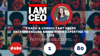 Podcast cover for "I AM CEO" featuring Liz Czepiel. Text reads "Coach & Consultant Helps Entrepreneurs Bring Their Expertise to Life," Episode 080, Season 1. Background shows blurred images of various people.