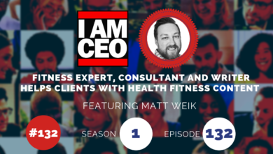 I AM CEO podcast featuring fitness expert Matt Weik, Season 1 Episode 132, discussing health and fitness content. Background appears to show various people in video call screens.