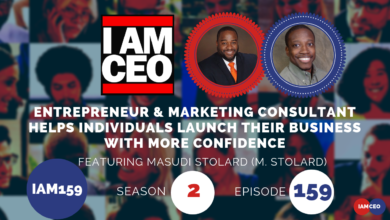 Promotional image for "I AM CEO" podcast Episode 159, Season 2, featuring entrepreneur and marketing consultant Masudi Stolard, discussing how he helps individuals launch their business with confidence.