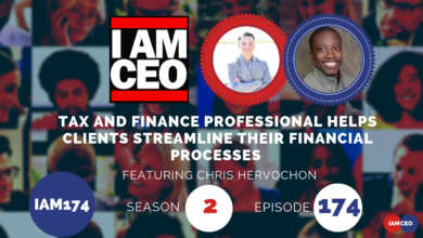 Podcast episode cover with the title "I AM CEO." It features images of two guests, Chris Hervochon and a second guest. The episode, IAM174, focuses on tax and finance professionals helping clients.