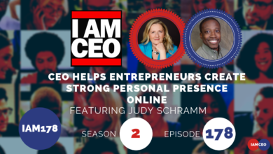 Promotional image for a podcast episode featuring Judy Schramm, titled "CEO Helps Entrepreneurs Create Strong Personal Presence Online," from season 2, episode 178 of the IAMCEO series.