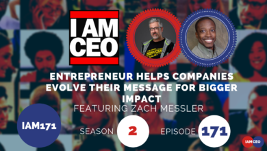 Promotional image for the "I AM CEO" podcast featuring Zach Messler. Text reads "Entrepreneur helps companies evolve their message for bigger impact," and mentions "Season 2, Episode 171.