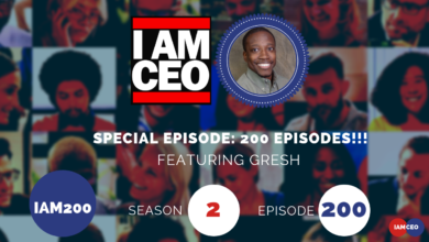 IAM CEO podcast celebrates its 200th episode featuring Gresh as the special guest. The screen shows various people and episode details: Season 2, Episode 200.