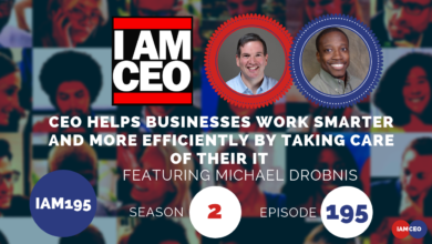 Podcast episode cover image for "I AM CEO" season 2, episode 195, featuring Michael Drobnick discussing how CEOs help businesses through IT management.