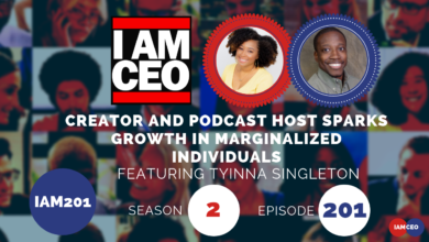 Cover art for the "I AM CEO" podcast featuring Tyianna Singleton. Text reads: "Creator and Podcast Host Sparks Growth in Marginalized Individuals. IAM201, Season 2, Episode 201.