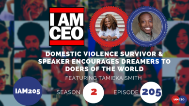 A podcast promotional image with the headline "I AM CEO." Featured guests are Tameika Smith, discussing her experiences as a domestic violence survivor and speaker. Episode 205, Season 2, IAM205.