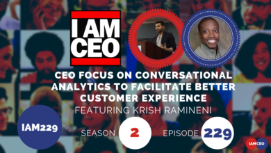 Promotional graphic for a podcast episode featuring Krish Ramineni, focusing on conversational analytics to improve customer experience. Text: "I AM CEO, Season 2, Episode 229, IAM229.