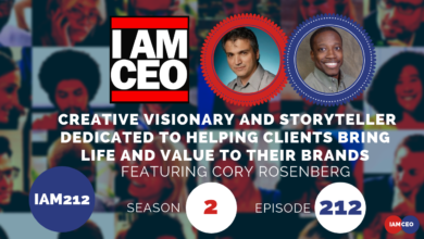 Promotional image for a podcast titled "I Am CEO" featuring Cory Rosenberg. Text reads: "Creative visionary and storyteller dedicated to helping clients bring life and value to their brands. Season 2, Episode 212, IAM212.