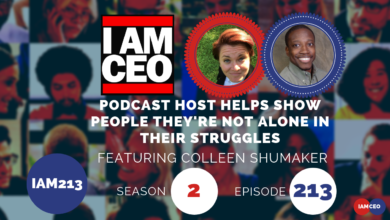 Poster for the IAMCEO podcast featuring Colleen Shumaker. Episode 213, Season 2, discusses showing people they're not alone in their struggles. IAMCEO logo and images of the hosts are in the background.