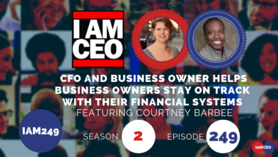 Promotional graphic for podcast episode "I AM CEO" featuring Courtney Barbee. The episode discusses how CFO and business owner helps others with financial systems. Episode 249 of season 2.