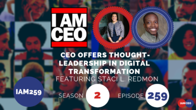 Podcast episode cover featuring the title “CEO Offers Thought-Leadership in Digital Transformation,” with photos of hosts and labeled as Season 2, Episode 259. Background includes a collage of various individuals.