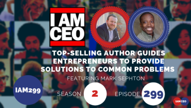 Podcast advertisement for "I Am CEO" featuring top-selling author Mark Sephton, discussing solutions to entrepreneurs' common problems. It is for season 2, episode 299.