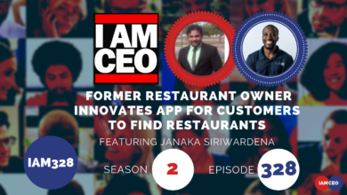 Podcast cover image featuring the text "I AM CEO" and a title "Former Restaurant Owner Innovates App for Customers to Find Restaurants." Featuring Janaka Siriwardena, Season 2, Episode 328 of IAM328.