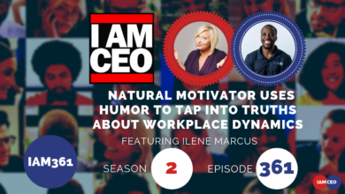 Promotional image for the IAMCEO podcast, featuring Ilene Marcus discussing workplace dynamics in season 2, episode 361. The image shows headshots of Ilene and another person with text over a blurred background.