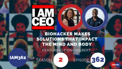 Promotional graphic for the "I Am CEO" podcast featuring Fiona Gilbert. The text reads, “Biohacker makes solutions that impact the mind and body.” Season 2, Episode 362. Background includes blurred participant images.