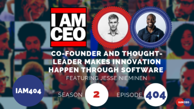 Promotional image for "I Am CEO" podcast, episode 404 featuring Jesse Nieminen, highlighting co-founders and thought leaders in software innovation. The image background is a mosaic of various faces.