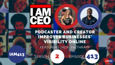 Promotional image for the IAM413 podcast, featuring Jacklyn Thrapp. The text highlights improving businesses' online visibility. Season 2, Episode 413.