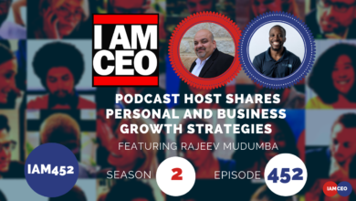 A podcast promotional image featuring hosts Rajeev Mudumba and another individual, highlighting personal and business growth strategies. "I AM CEO," Season 2, Episode 452 is prominently displayed.