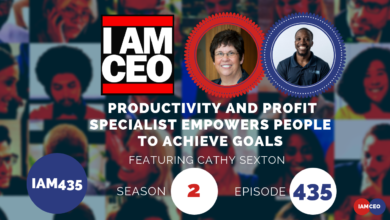 Podcast episode image featuring "I AM CEO," season 2, episode 435. The episode features Cathy Sexton discussing productivity and profit specialization. The background consists of various blurred headshots.