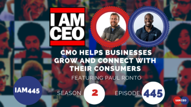 Promotional image for "I AM CEO" podcast, Season 2, Episode 445, featuring Paul Ronto discussing how CMOs help businesses grow. Text with varied faces in the background.