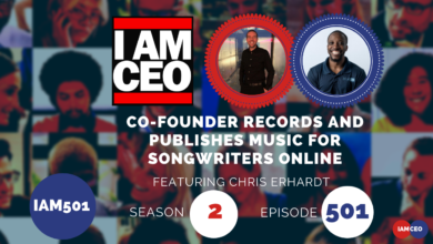 Graphic titled "I Am CEO" featuring an interview with Chris Erhardt about co-founding a company that records and publishes music online for songwriters. It highlights Season 2, Episode 501 of the series.