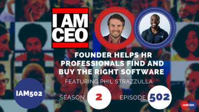 Podcast cover art featuring the title "I AM CEO" and photos of two men. Text reads, "Founder helps HR professionals find and buy the right software. Featuring Phil Strazzulla. Season 2, Episode 502.