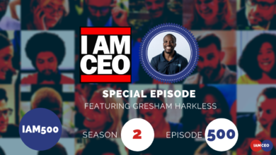 Promotional graphic for the "I Am CEO" podcast special episode featuring Gresham Harkless. This is the 500th episode and season 2. Text and headshot of Gresham Harkless appear over a blurred collage of faces.