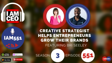 Podcast promotional graphic featuring hosts and text: "Creative Strategist Helps Entrepreneurs Grow Their Brands, Featuring Bri Seeley." Includes episode details: Season 3, Episode 551. Various podcast platform icons are shown.