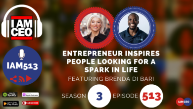 Podcast episode cover with the title "Entrepreneur Inspires People Looking for a Spark in Life," featuring Brenda Di Bari. Season 3, Episode 513. Hosted by IAMCEO, with various listening platforms listed.