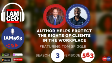 Podcast episode graphic with title "Author Helps Protect the Rights of Clients in the Workplace," featuring Tom Spiggle, season 3 episode 563, available on various platforms like Spotify and Apple Podcasts.