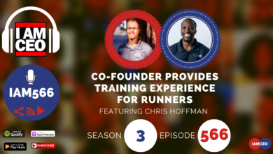 Podcast episode featuring co-founder Chris Hoffman discussing training experiences for runners. The episode is part of Season 3, Episode 566 of the "I AM CEO" podcast.