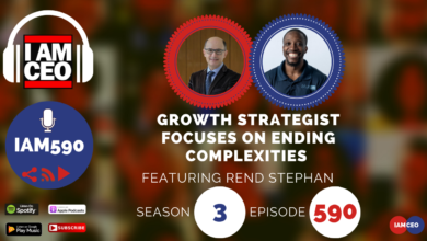 Podcast episode titled "Growth Strategist Focuses on Ending Complexities" with guest Rend Stephan, Season 3 Episode 590 of the I AM CEO podcast. Icons for various platforms shown at the bottom.