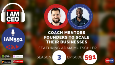 Podcast cover art for "I Am CEO" Season 3, Episode 591 featuring Adam Mutschler. The episode is about coaches mentoring founders to scale their businesses. Various platform logos and podcast-related icons.