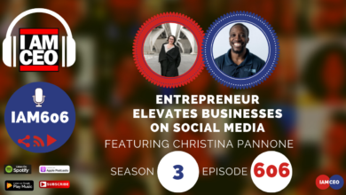 Promotional image for IAM CEO podcast featuring Christina Pannone, discussing entrepreneur strategies to elevate businesses on social media. Season 3, Episode 606. Available on Spotify, Apple Podcasts, and Google Play Music.