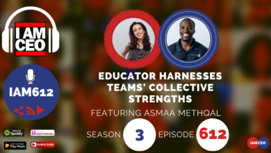 Podcast cover image for "I Am CEO" episode 612 featuring Asmaa Methqal. The episode title is "Educator Harnesses Teams' Collective Strengths." Available on multiple platforms including Spotify and Apple Podcasts.