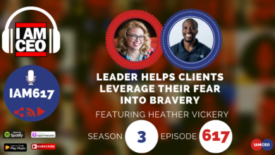Podcast promotional image featuring two speakers discussing how to leverage fear into bravery. "Leader Helps Clients Leverage Their Fear into Bravery" text. Season 3, Episode 617. Various podcast streaming icons displayed.