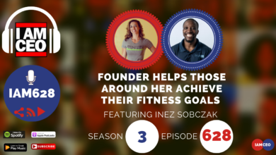 Podcast cover art featuring hosts, text "Founder Helps Those Around Her Achieve Their Fitness Goals," and "Featuring Inez Sobczak". Episode details: "IAM628, Season 3, Episode 628". Logos for listening platforms are shown.