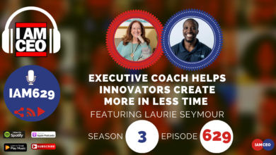 Podcast cover featuring host and guest Laurie Seymour, Episode 629 of the "I Am CEO" show, discussing how executive coaching helps innovators increase productivity. Includes platform logos and subscription call-to-action.