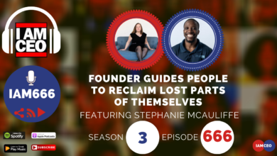 Podcast promotional graphic titled "Founder Guides People to Reclaim Lost Parts of Themselves" featuring Stephanie McAuliffe. Includes episode details: Season 3, Episode 666. Available on major podcast platforms.