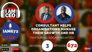 Podcast promotional image featuring Edgar Ndjatou discussing how consultants help organizations manage growth and HR. Episode 672, Season 3 of the "I AM CEO" podcast. Available on Spotify, Apple, and Google Play.