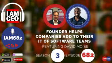 Podcast episode banner featuring text: "Founder helps companies add to their IT of software teams, featuring David Moise, Season 3, Episode 682." Includes logos of various podcast platforms and IAMCEO.