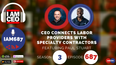 Podcast cover image featuring the "I AM CEO" podcast. Episode 687 of season 3 features Paul Stuart discussing connecting labor providers with specialty contractors. Platforms include Spotify, Google Podcasts, and Apple Podcasts.