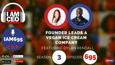 Podcast thumbnail featuring the title "Founder Leads a Vegan Ice Cream Company," with images of two speakers and episode details: Season 3, Episode 695, on various streaming platforms.