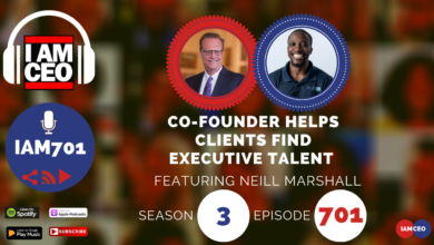 Image promoting a podcast episode titled "Co-Founder Helps Clients Find Executive Talent" featuring Neill Marshall. Season 3, Episode 701. Available on Spotify, Apple Podcasts, and Google Play Music.