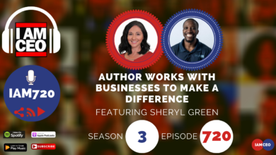 Podcast episode graphic featuring Sheryl Green. Text reads "Author Works with Businesses to Make a Difference" and includes "Season 3, Episode 720" and various podcast platform logos.