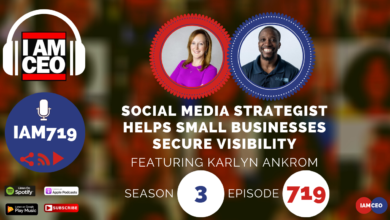 Podcast episode cover image with two hosts, featuring social media strategist Karlyn Ankrom. The text reads "Social Media Strategist Helps Small Businesses Secure Visibility" and indicates Season 3, Episode 719.