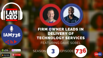 Podcast promotional graphic featuring two speakers, with the title "Firm Owner Leads in Delivery of Technology Services" and featuring Dave Sobel. Season 3, Episode 736, IAM736 branding visible.